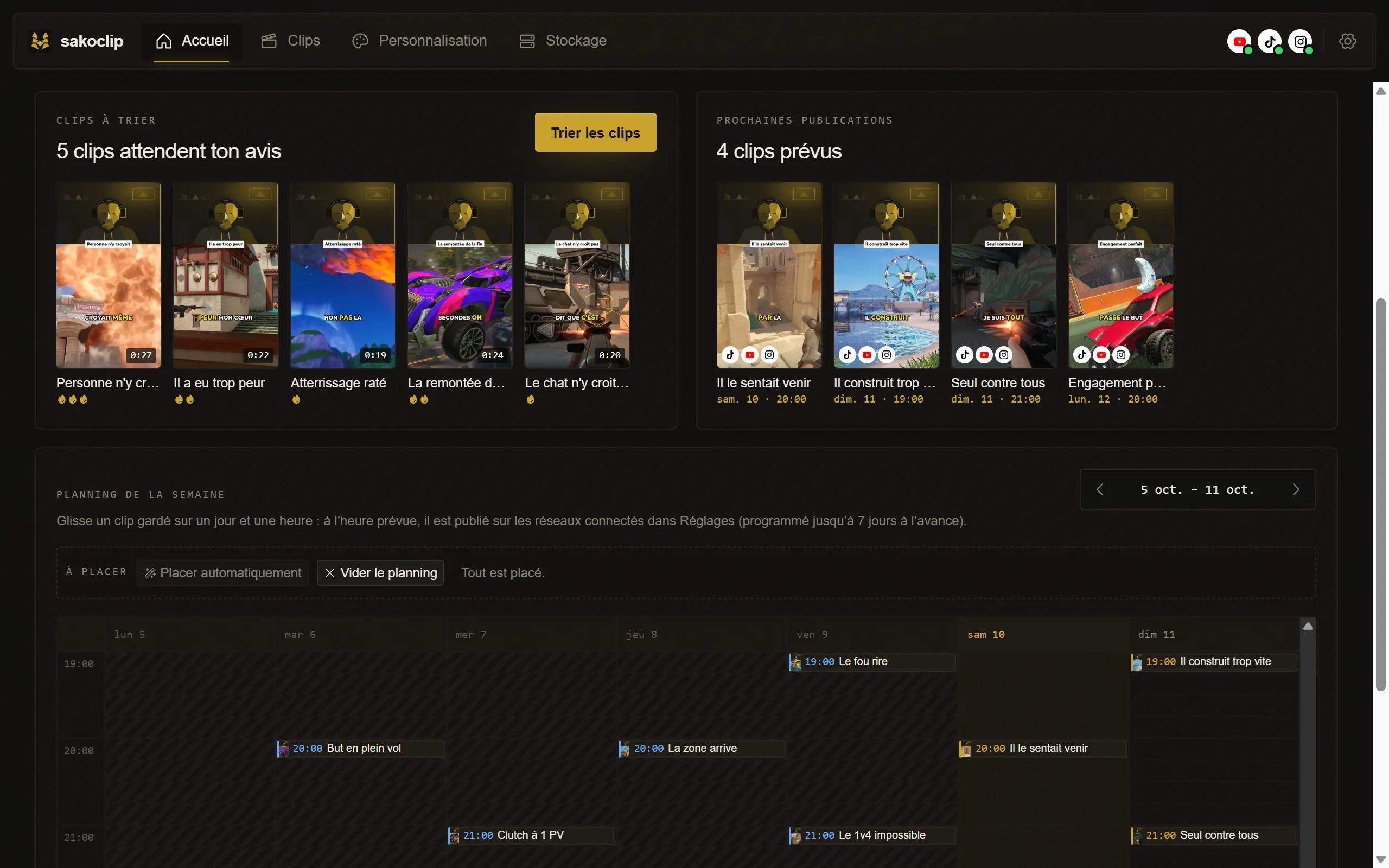 Capture de l'accueil : 4 clips prévus, chacun avec les logos TikTok, YouTube et Instagram, au-dessus du planning de la semaine, avec les clips déjà publiés et ceux à venir.