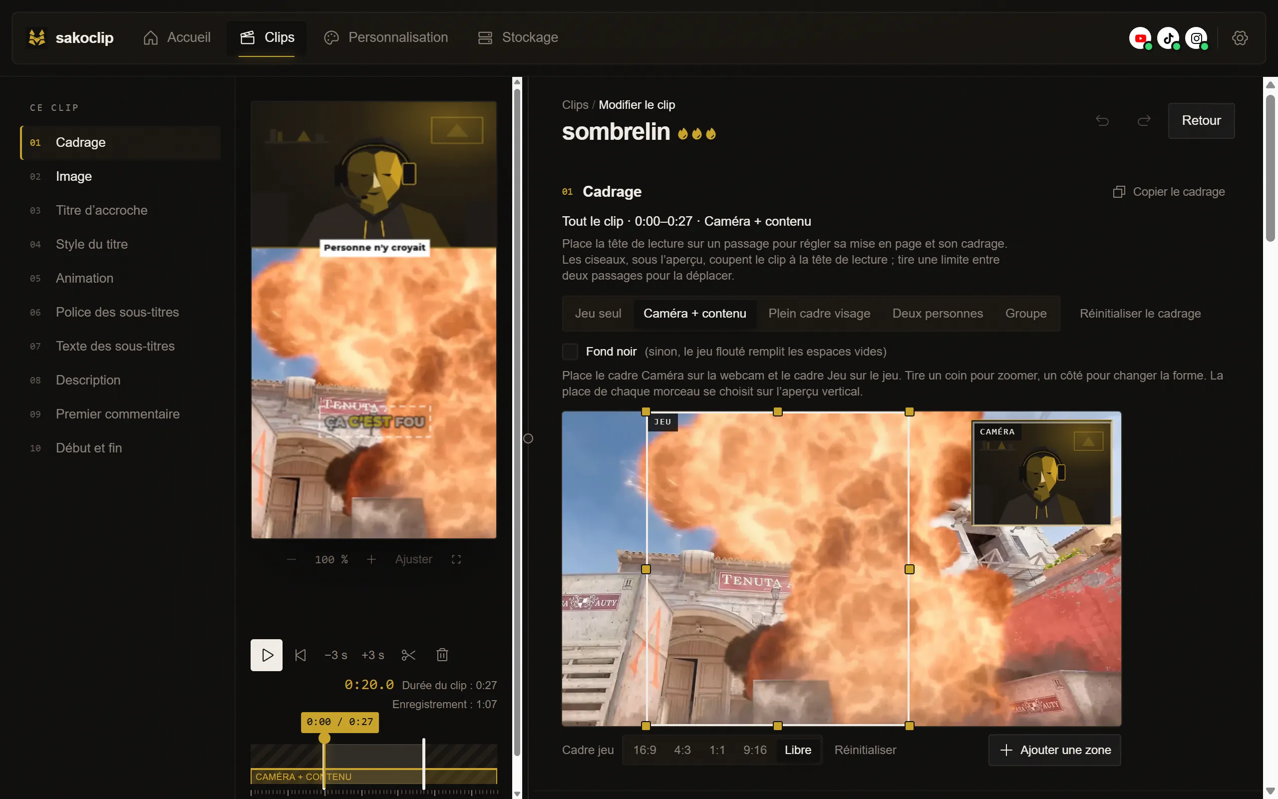 Capture de l'éditeur : le sommaire du clip (cadrage, image, titre d'accroche, sous-titres, description, premier commentaire, début et fin), l'aperçu vertical avec le titre et les sous-titres, et le cadrage de la caméra et du jeu.